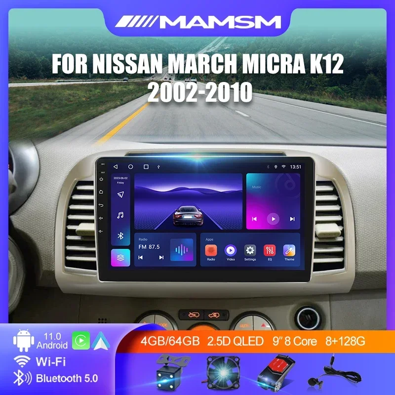 9" Android 13 Car Radio For Nissan March Micra K12 2002-2010 Multimedia Video Player GPS 4G WIFI 2K QLED IPS Carplay Autoradio