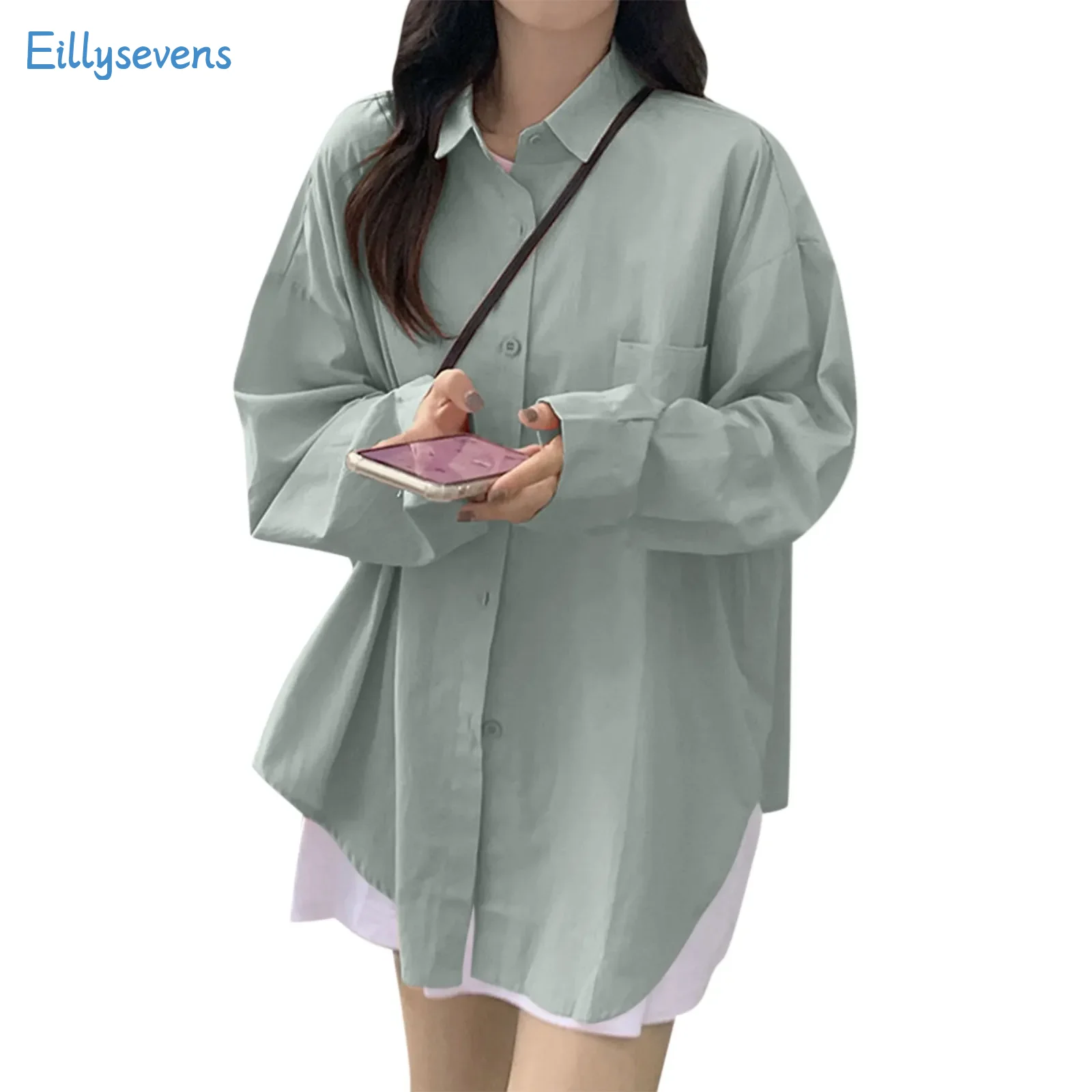 

Women Casual Lapel Shirts Fashion Classic Simple Solid Button Long Sleeved Blouse Tops With Pockets Trend Boyfriend Style Shirts