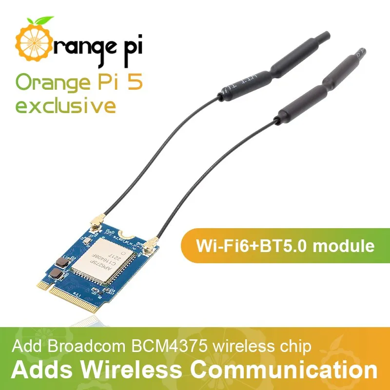 

Модуль памяти Orange Pi 5 Wi-Fi6 2T2R 802,11 ax/ac/a/b/g/n BT5.0, беспроводной чип BCM4375, 2,4 ГГц, 5 ГГц, полосы частот, 2 антенны для OPI 5