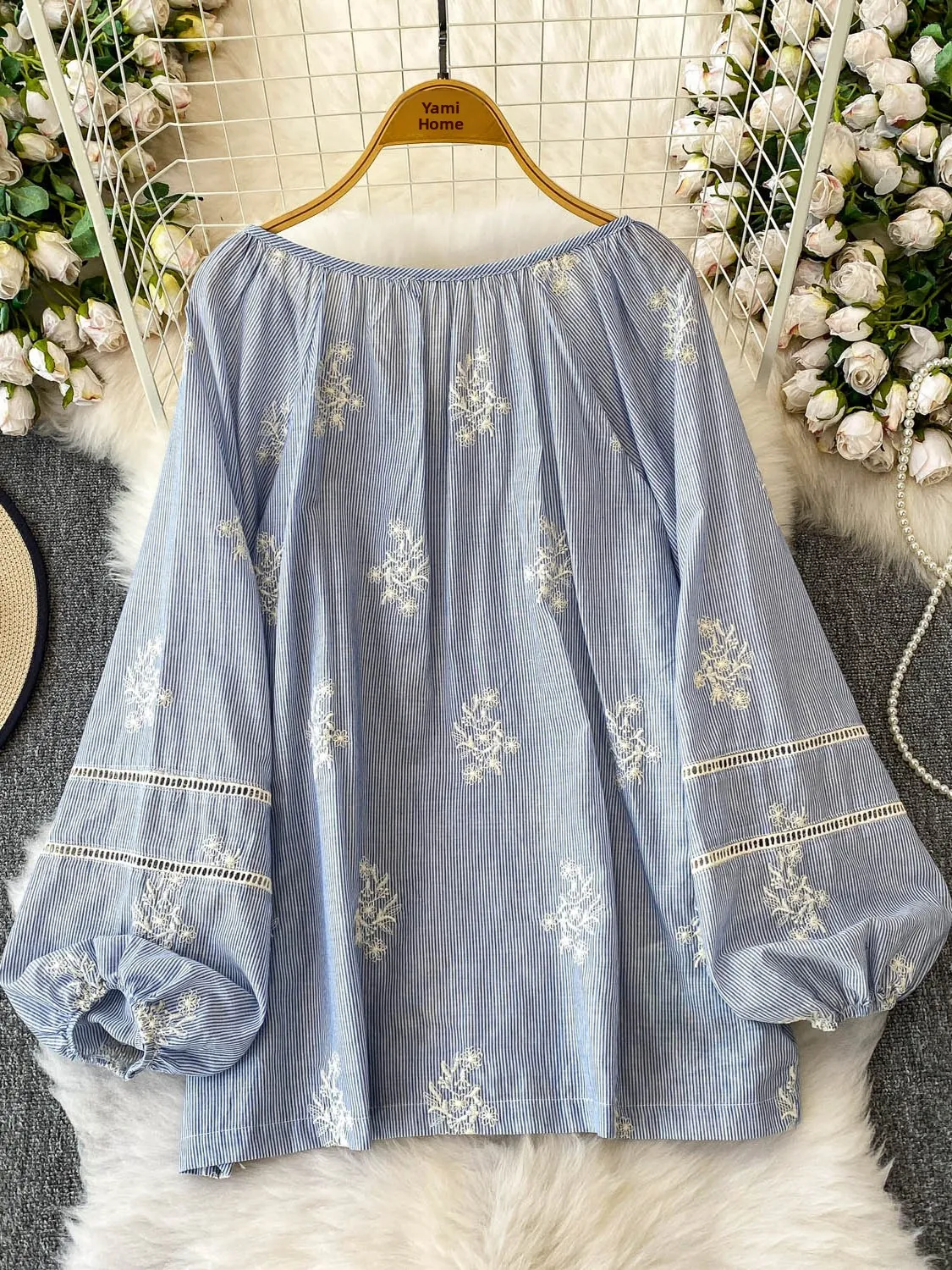 Ele Embroidered Loose Fit irt Women's V Ne Lantern Sve Top with Belt Korean Sle Commute Faion Sun Protection B...