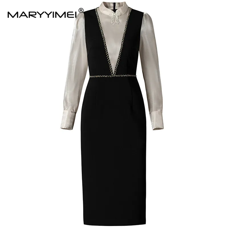 

MARYYIMEI New Fashion Women's Chinese Style Stand-Up Collar Button Temperament Splicing Long-Sleeved Slim-Fit Bag Buttock Dress