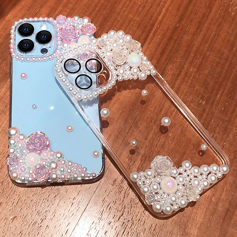 Fashion Girl Luxury Pearl Flower Transparent Phone Case For iPhone