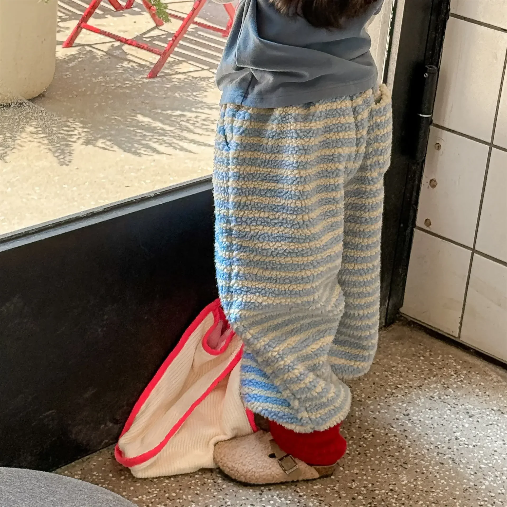 Warm Striped Kids Pants Fur Lining Boys Girls Trousers