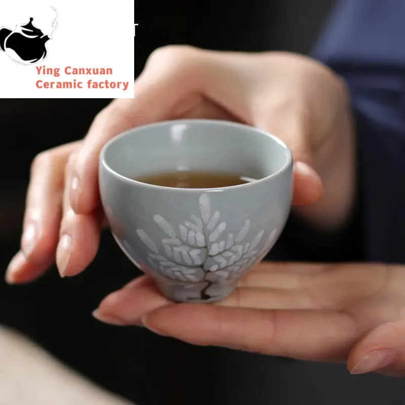 

Chinese Vintage Ru Kiln Ceramic Teacup Travel Personal Meditation Cup Can Raise Tea Bowl Master Cup Handmade Tea Set Acce