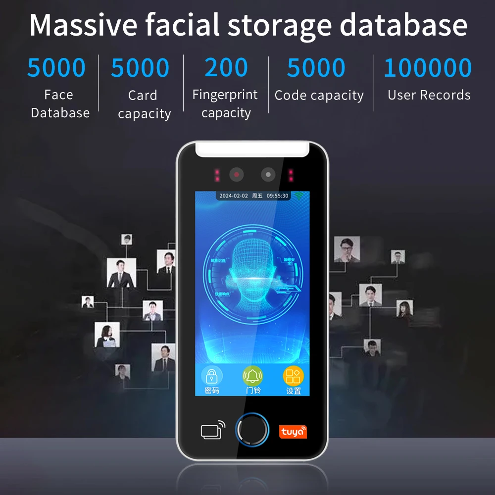 Fingerprint Face Recognition Machine 5Inch Tuya WIFI AI Dynamic Biometric 1080P HD Screen