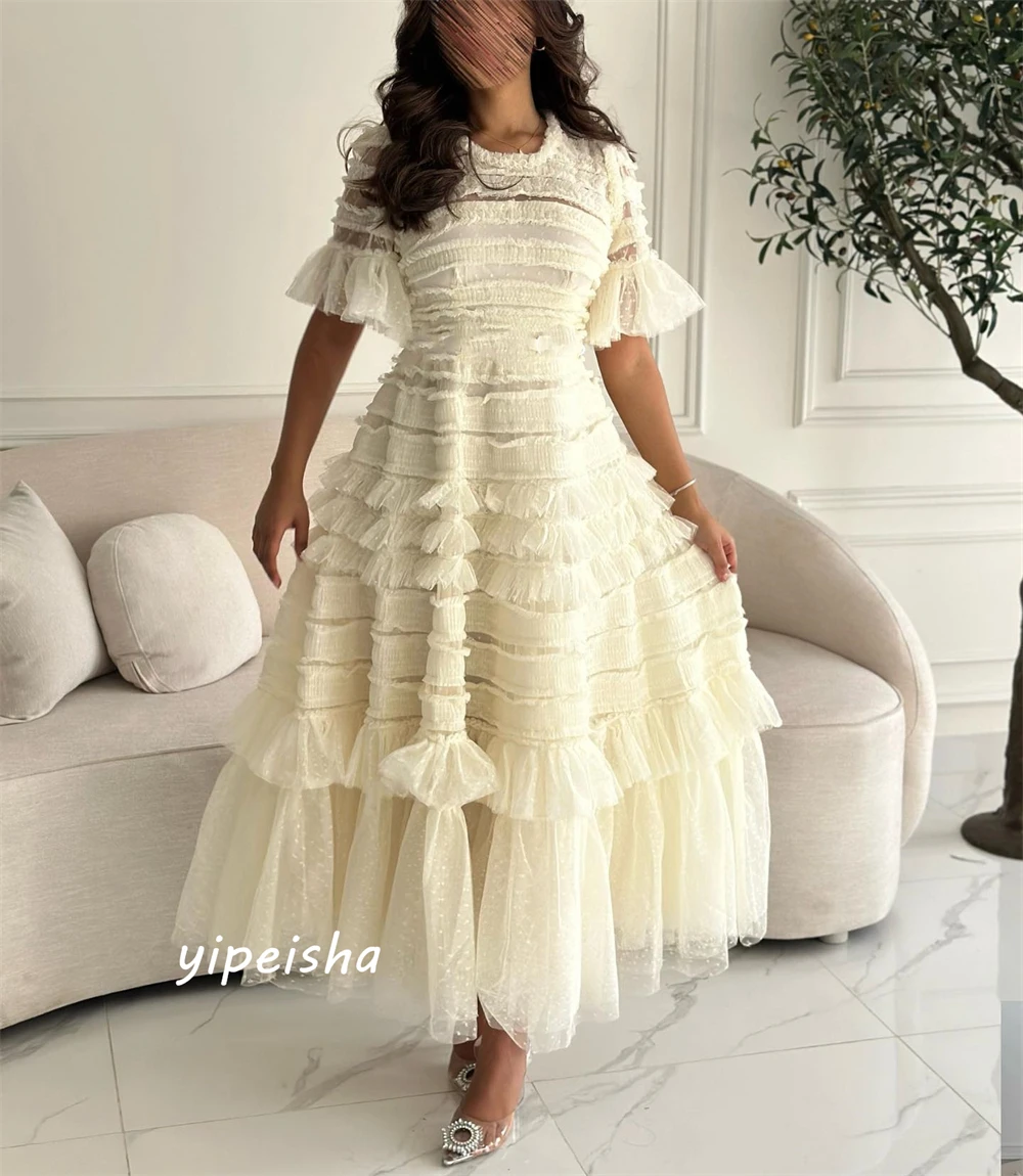 Prom Dress Saudi Arabia Fashion Sizes Available Jewel A-line Layered Draped Anke Length Skirts Net/Tulle Evening Dresses