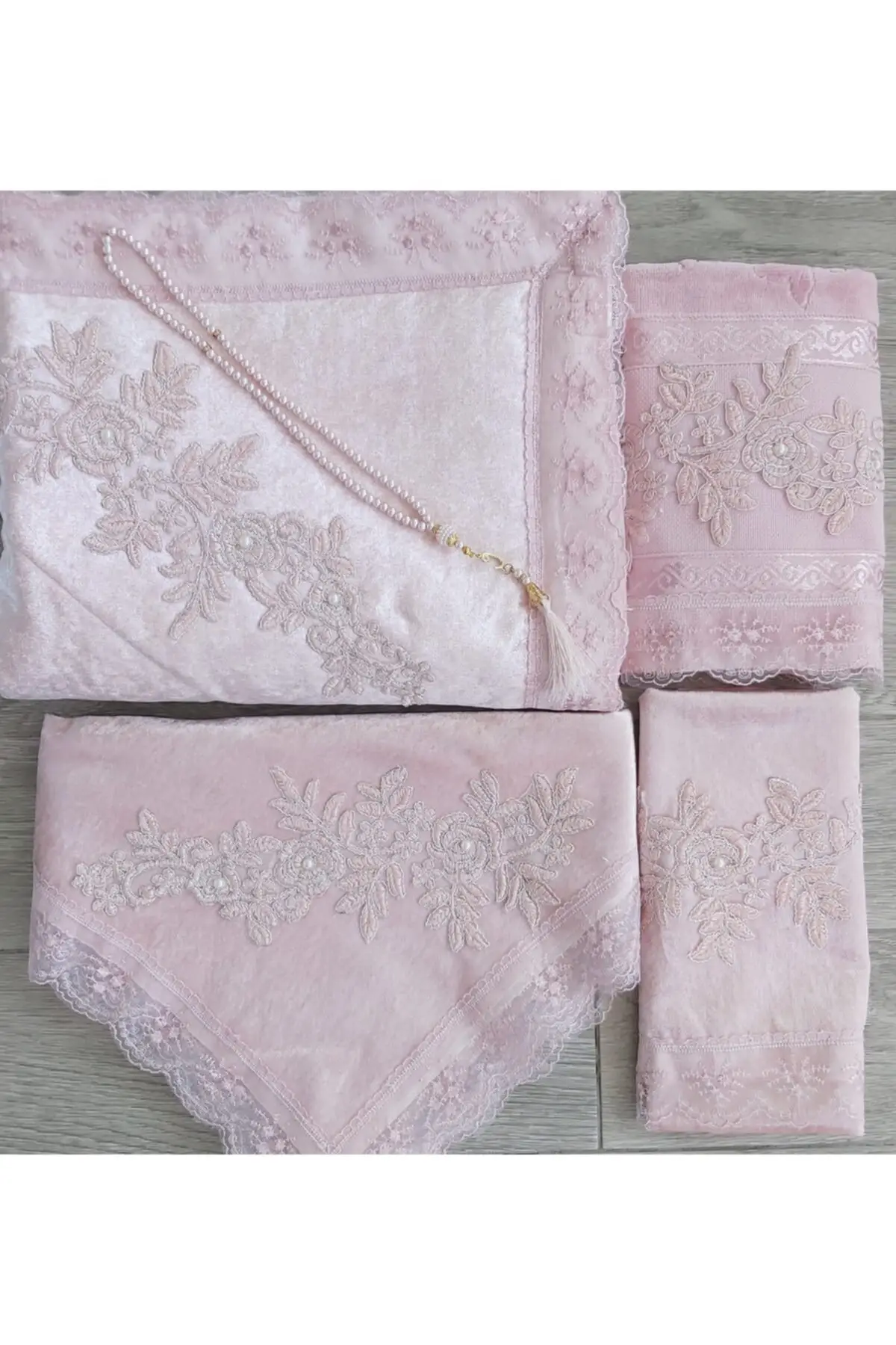 

Powder Velvet Seccade Set 5 Piece Bohça Bridal Set Pink Cotton Oval Figure No Fringe Machine Carpet