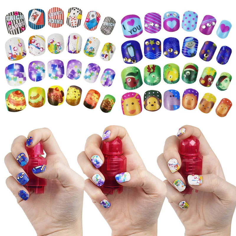 96pcs Children DIY Color Nail Sticker Set Beauty Pretend Toy Girls Handmade Reusable Nontoxic Nail Patch Stickers Birthday Gifts