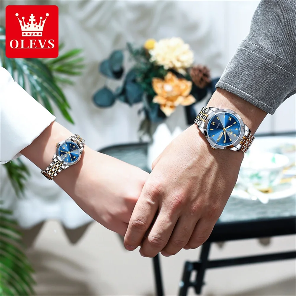OLEVS 9998 Quartz Couple Watches Original Rhombus Mirror Waterproof Dress Wristwatch Luminous Date Fashion Watch For Men Women
