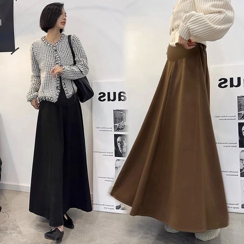 Dense Woolen Maternity Long Skirts Elegant A Line Big Bottoms Clothes for Pregnant Women Autumn Winter Pregnancy