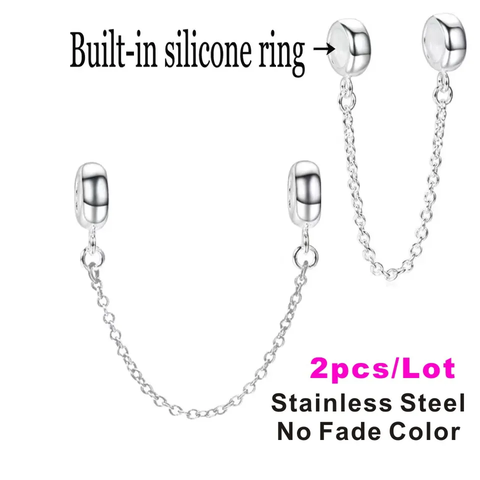 

2 pcs/lot 316L Stainless Steel Securing Safety Chain Original Silicone Ring fit DIY Bracelet Pandoraer Charm Jewelry Accessories