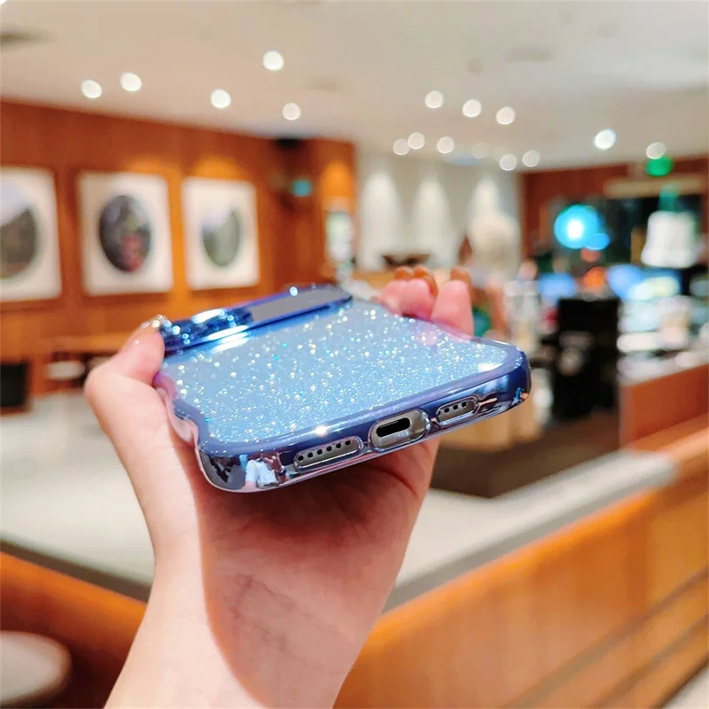 Coque de placage de paillettes à bordure incurvée pour iPhone 15 14 13 12 11 Pro Max, Protection d'appareil photo, pare-chocs souple antichoc_voghion.com