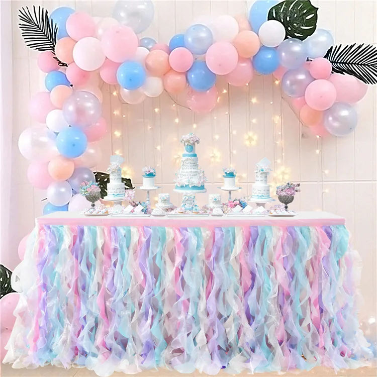 Tassel Double Layer Curly Willow Table Skirt Lace Taffeta Table Skirt Tutu Tulle Birthday Party Decor Baby Shower