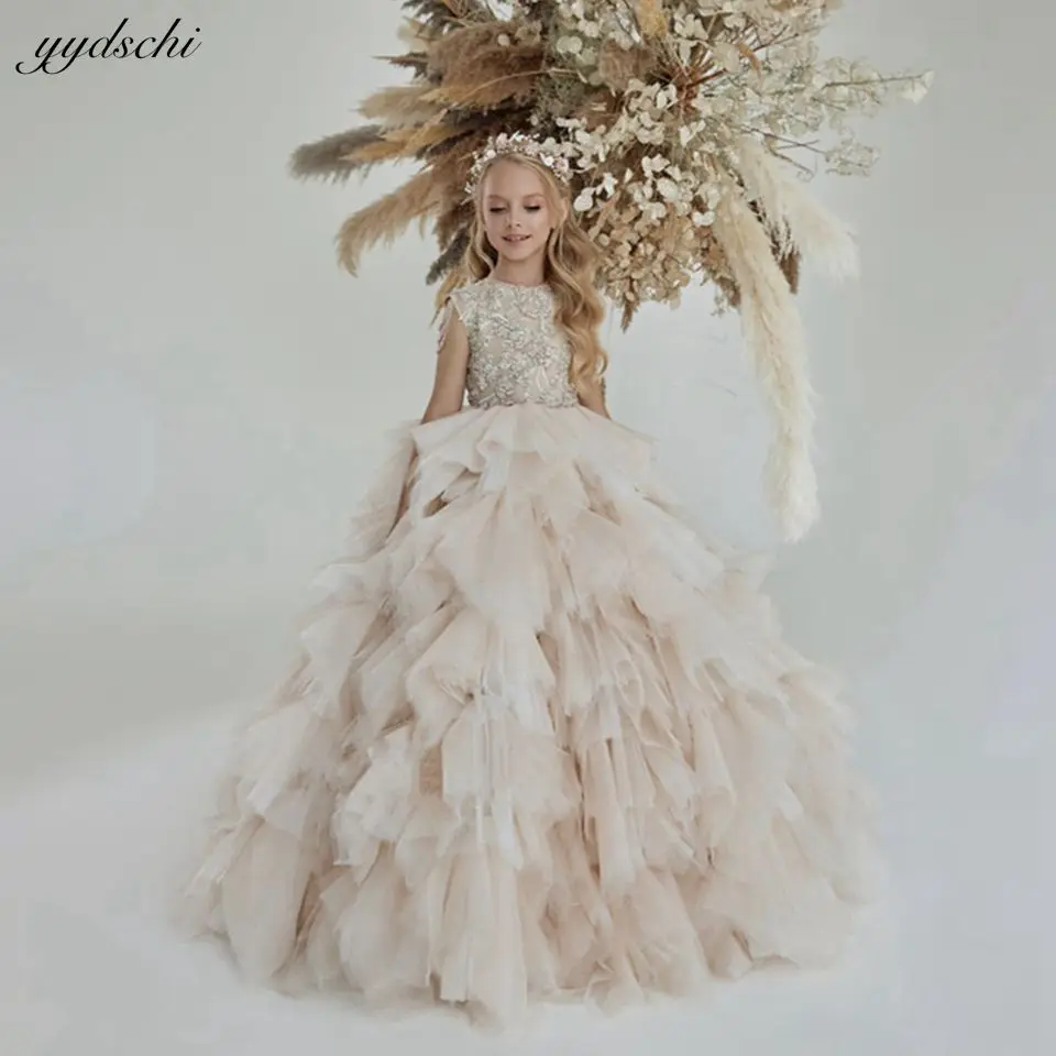 

Champagne Ball Gown Puffy Flower Girl Dress For Wedding 2023 Princess Tulle Appliques Beading Party Pageant First Communion Gown