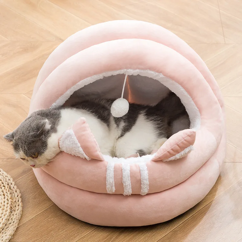 

Semi-enclosed Cat Nest with Pompom Puppy Pet Bed Four Seasons Soft Warm House Arctic Velvet Kennel for Supplies