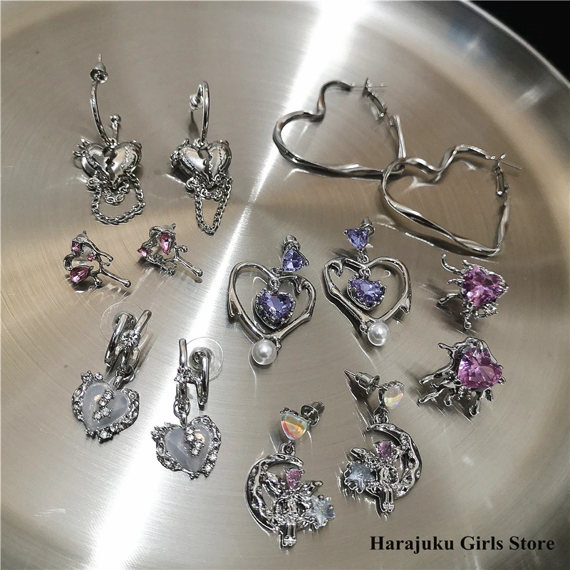 Goth Harajuku Vintage Peach Heart Fairy Angel Moon Pendant Earrings Women Egirl Trendy Aesthetic Y2K Jewelry Accessories pendant earrings