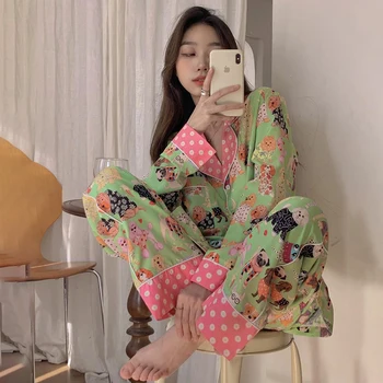 여성용 카와이 강아지 봄 잠옷 세트, 만화 프린트 싱글 브레스트 블라우스 및 바지, 투피스 홈 수트, 녹색 잠옷, 한국