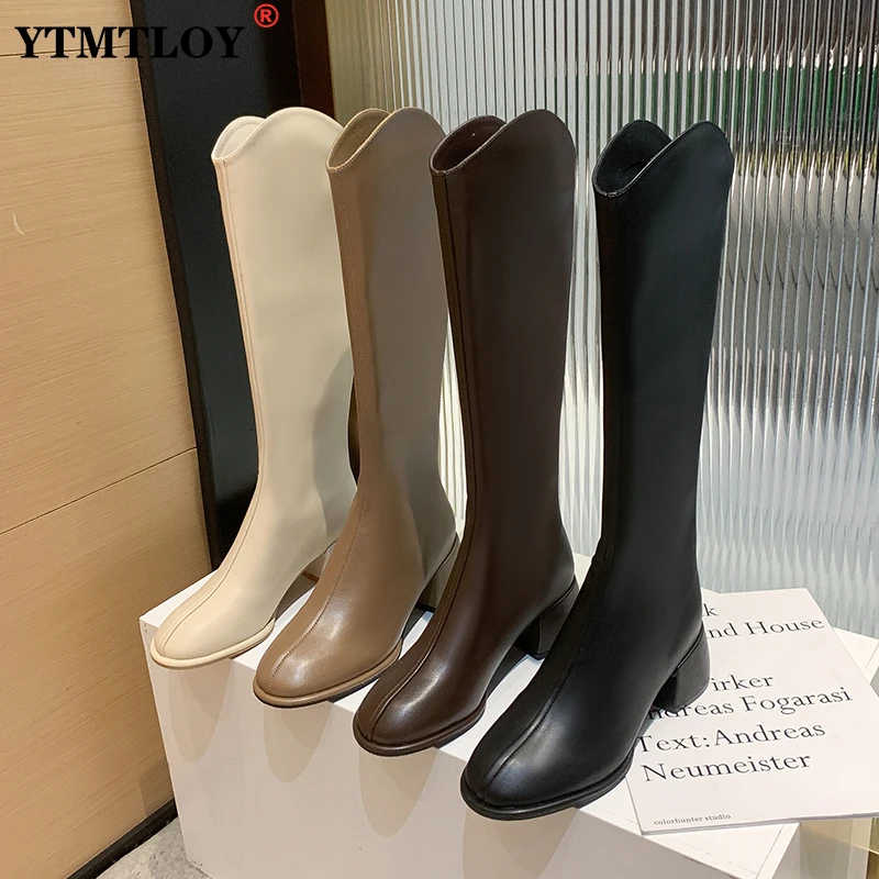 Zipper Buckle Straps Knee High Boots Genuine Leather Square Toe Shoes Woman Heels Autumn Winter Office Lady  Zapatos De Mujer