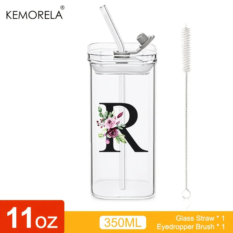 1 Stück 24 Buchstabenförmige Glasbecher mit Deckel und Strohhalm, Kaffeebecher, 300 ml, klarer quadratischer Trinkbecher für Kaffee, Bier, Milch
