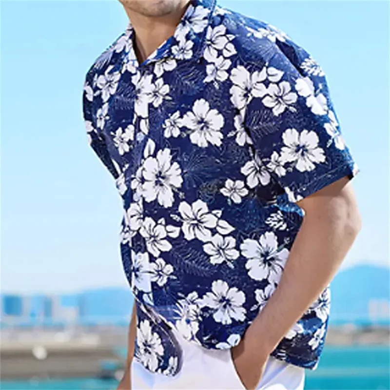 2023 loose breathable 3D printing men's shirt Hawaiian shirt button summer shirt beach blue/white short sleeve oversized 5XL 3