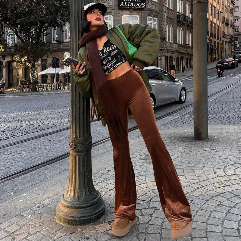 Fall Women's Bell-bottom Pants Solid Color Mid-waist Velvet Street Fashion Slimming Pants