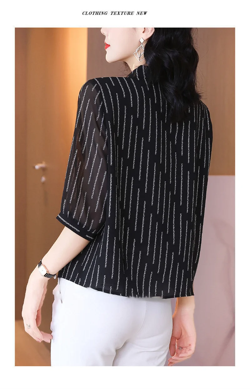 2024 Spring New High end Western style Seven Sleeve Chiffon Shirt for Women Reducing Age Covering Belly Mother's Temperament Top
