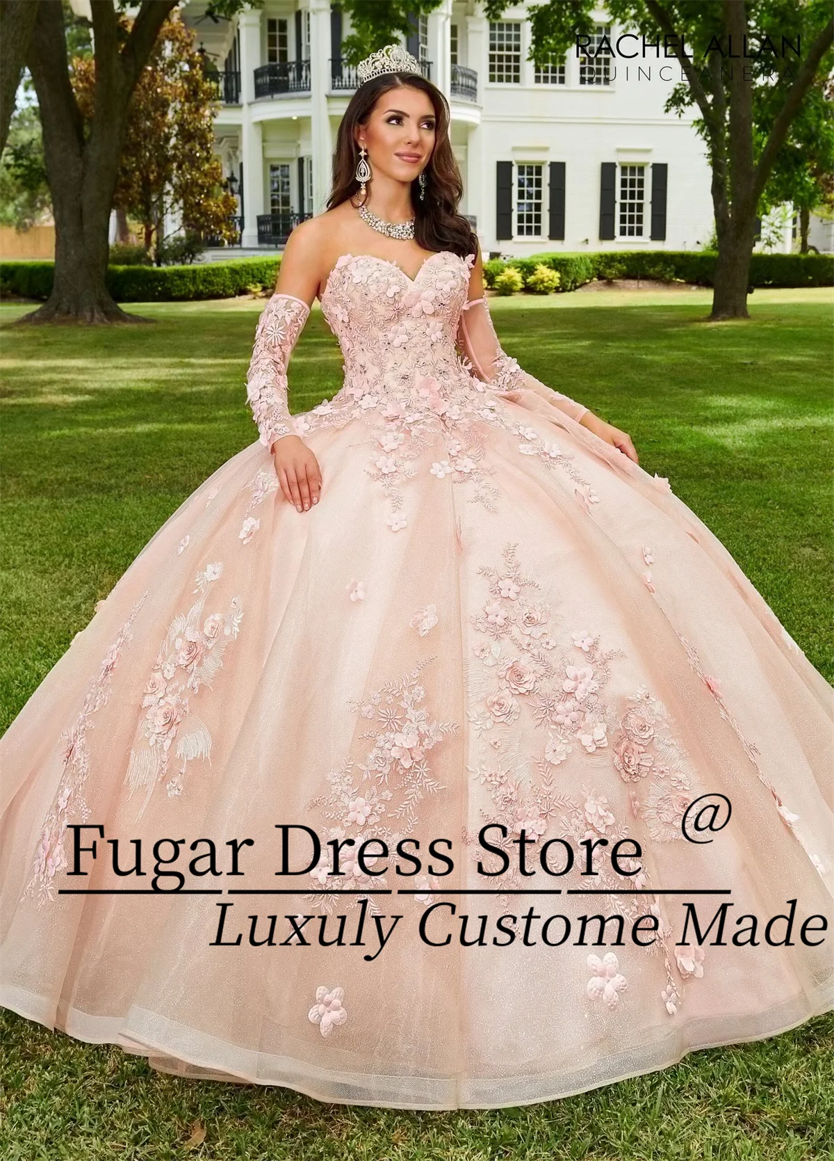 Blush Pink Quinceanera Dresses 3D flower decal long Sequin embroidery sweetheart skirt Detachable sleeves