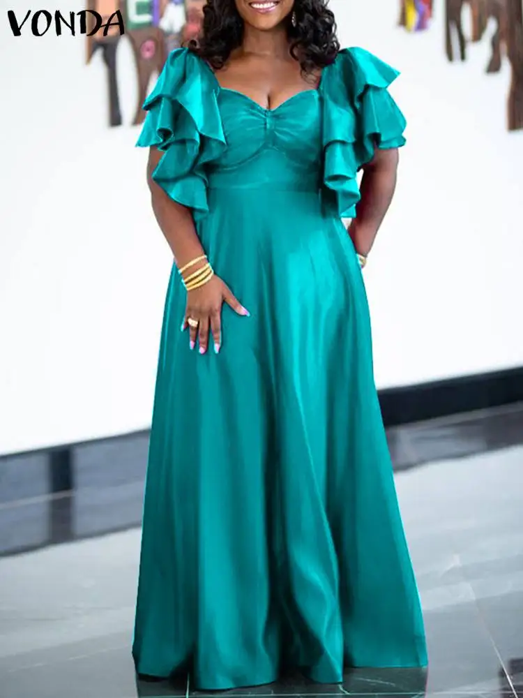 VONDA Summer Maxi Long Dress Plus Size Solid Color Lantern Sleeve Dresses Casual Party Sundress Loose Beach Vestidos Femme Robe
