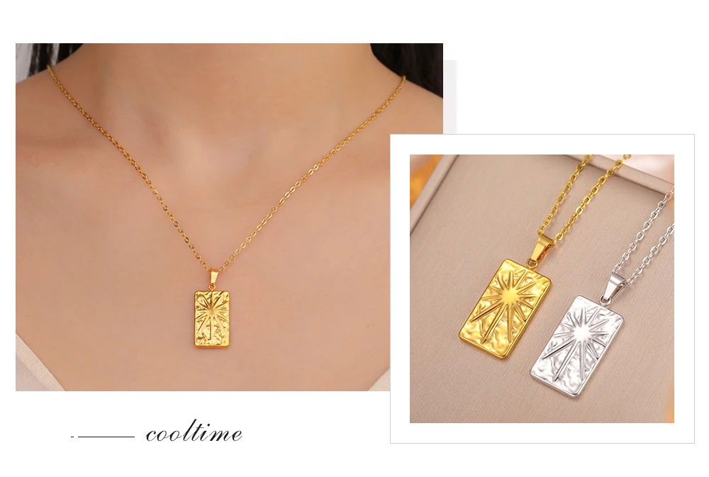 COOLTIME Stainless Steel Rectangle Sun Charms Necklace for Women Men Fashion Sun rays Pendant Choker Jewelry Wholesale – Detail 11