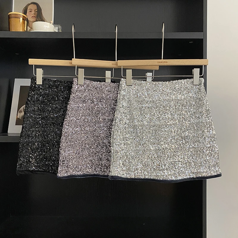 

French Chic Mini Skirts for Women Shining Sequined High Waist Female Sheath Skirt with Shorts Autumn Streetwear Shirt Dropship