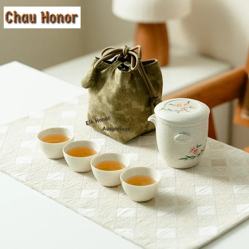 Pure Hand-painted Peach Blossom Travel Tea Set Kit Creative 1 Pot 4 Cups Tea Making Organizer Portable Outdoor Handbag Supplies