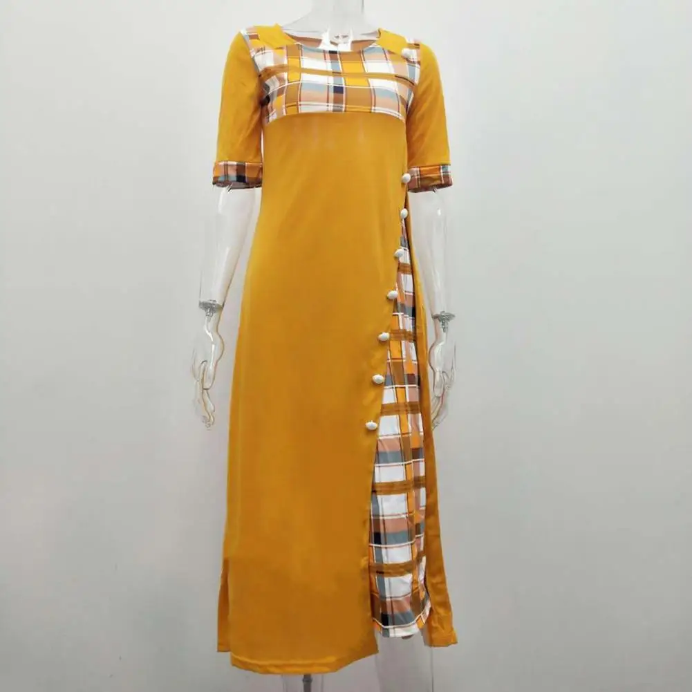 

Color Matching Dress Plaid Print A-line Summer Dress with Half Sleeve Round Neck Patchwork Color Matching for Women for Women