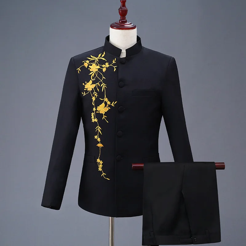 Suit Jacket Pants Two Pcs Set Men's Casual Personalized Printing Stand Up Collar Chinese Tunic Blazers mens suit