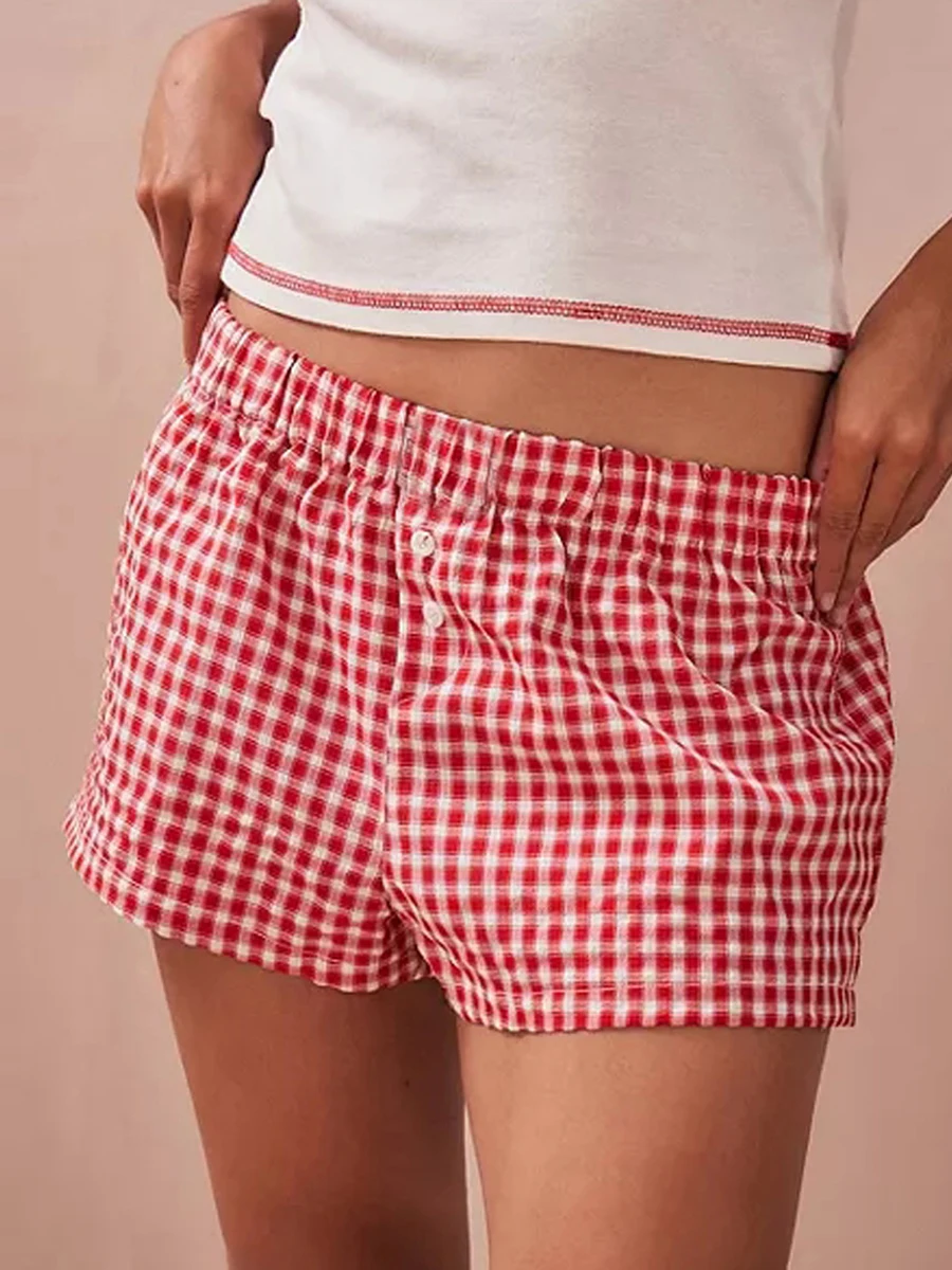 

New Women'S Summer Casual Shorts With Elastic Waistband and Two Button Plaid Red Checkered Shorts For Street Wear