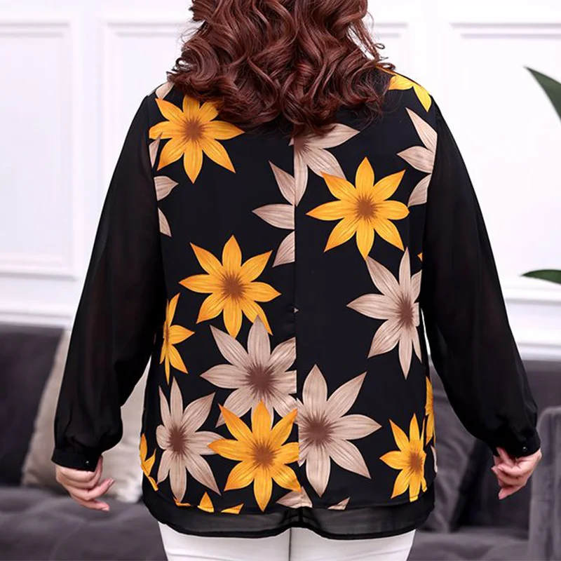 Fresh and Sweet Patchwork Pullover Chiffon T-Shirt Spring Autumn O-Neck Floral Print Long Sleeve Loose Midi Tops Plus Size Women