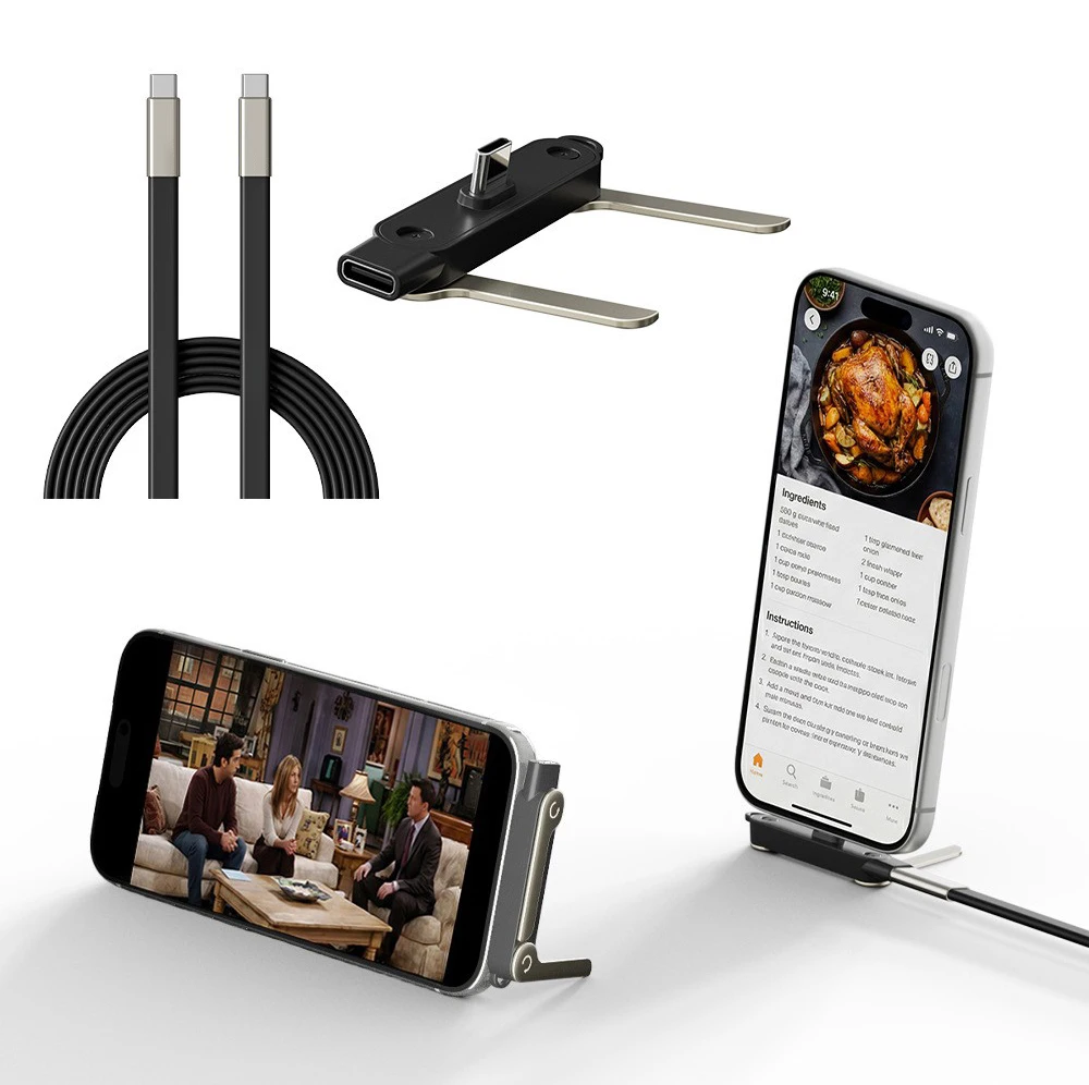 240W PD Fast Charging Type-C Cable USB-C to USB-C with Foldable Stand Phone Adapter Silicone Cord for iPhone 17