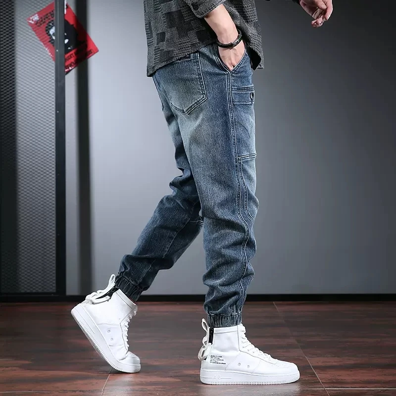 Men's Black Cargo Pants Jeans Fashion Baggy Harem Pants Autumn Winter Streetwear Casual Elastic Waist Denim Trousers CP2090
