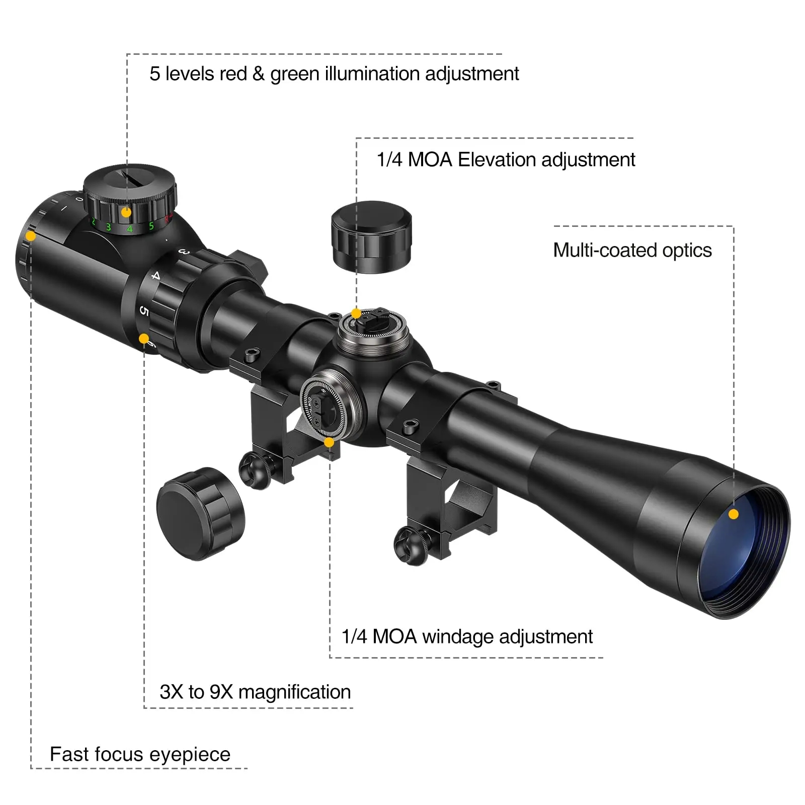 MidTen Riflescope 3-9x40 Rifle Sniper Scope Red or Green Illuminated Optical with Mounts Mil dot Fit First Focal Plane Crosshair rifle scope