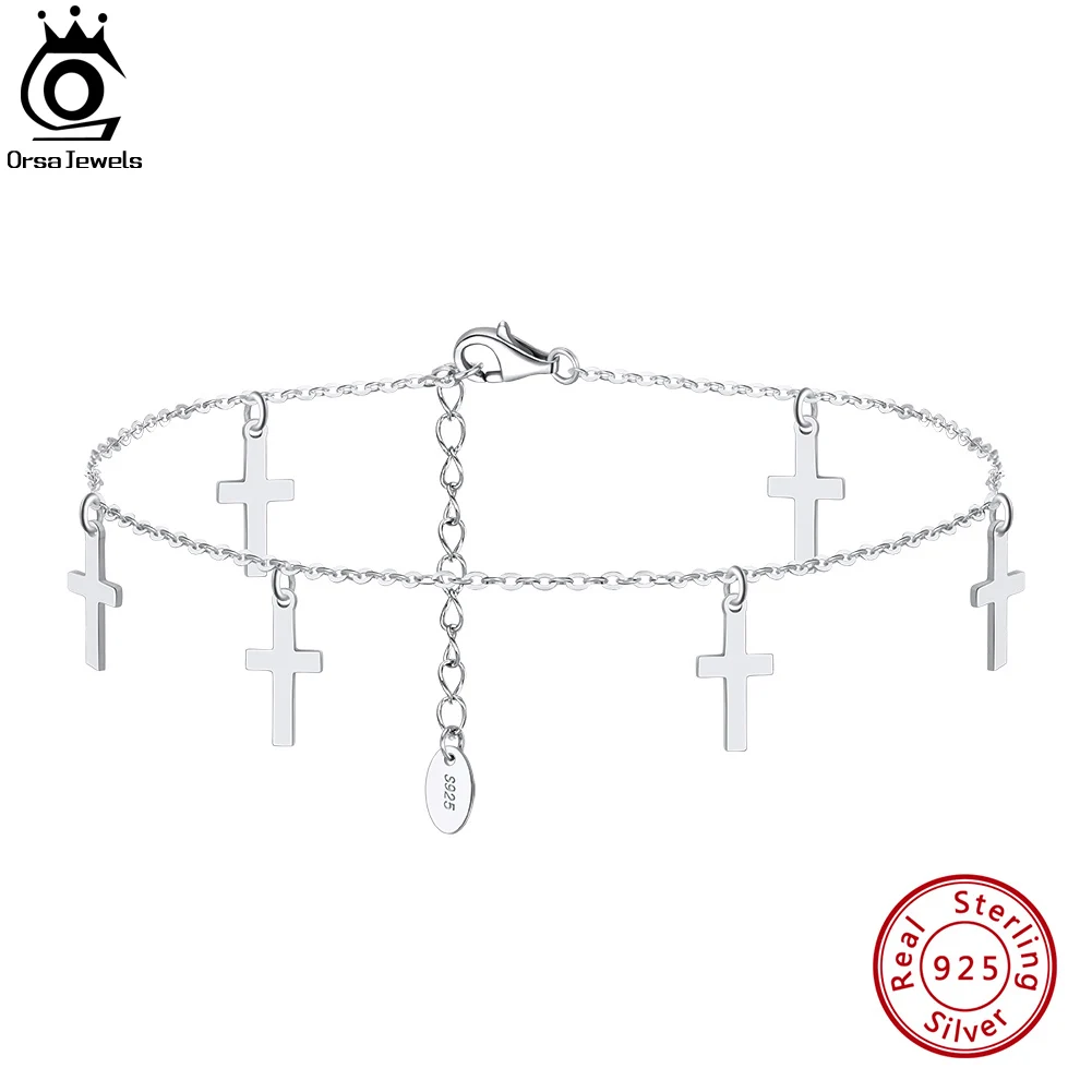 

ORSA JEWELS 925 Sterling Silver 1mm Cable Chain With 5.4*11mm Cross Anklet Simple Ankle Jewelry for Women Birthday Gift SA28