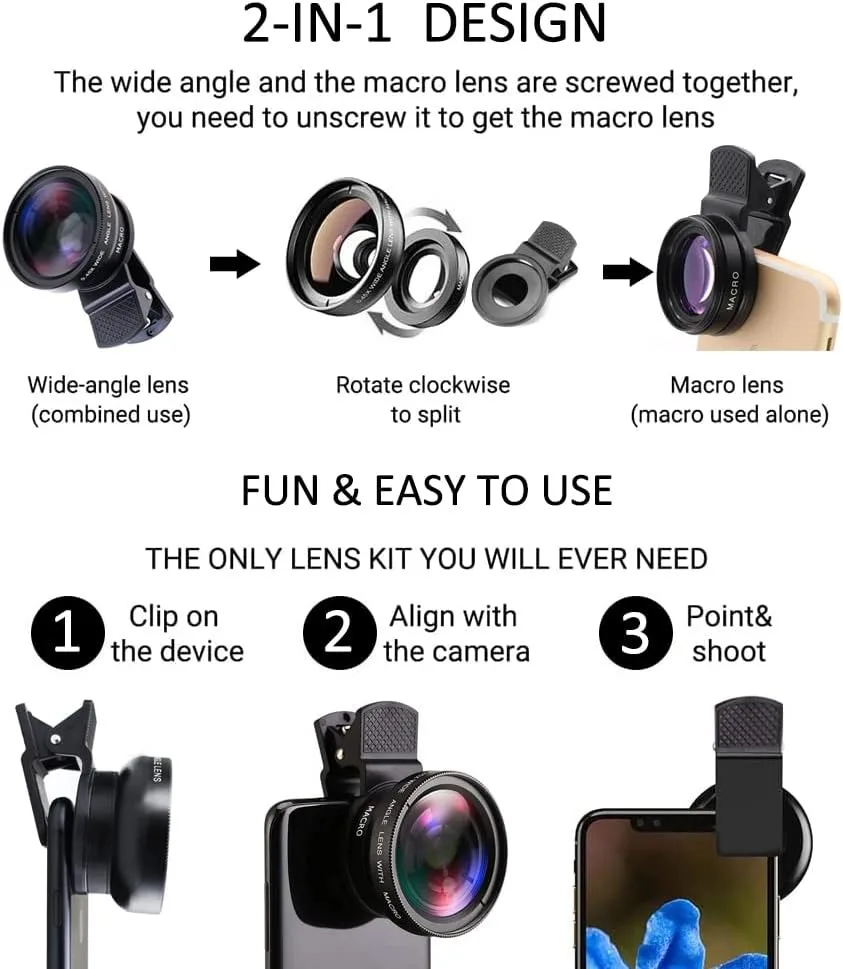 Mobile Phone Lens 2 IN 1 Universal Clip 37mm 0.45X 49uv Super Wide-Angle + Macro HD For iPhone Android