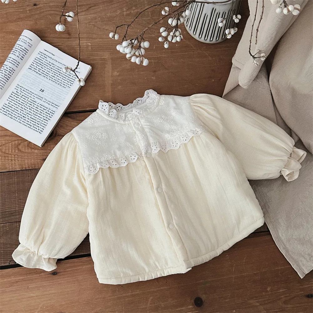 Baby Clothing Embroidery Lace Warm Coat Winter New Girl Baby Princess Style Sweet Cute All Match Cotton Padded Jacket