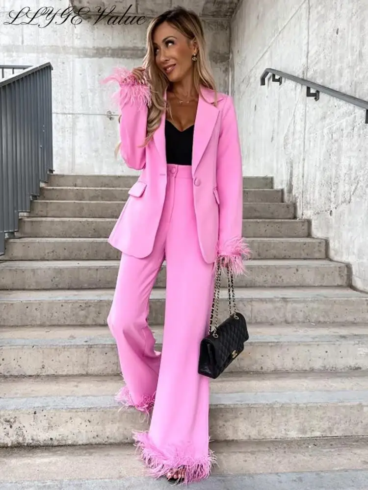 Women Feather Cuff Suit Elegant Lapel Long Sleeve Pockets Blazer Female Sets 2023 Spring Fashion