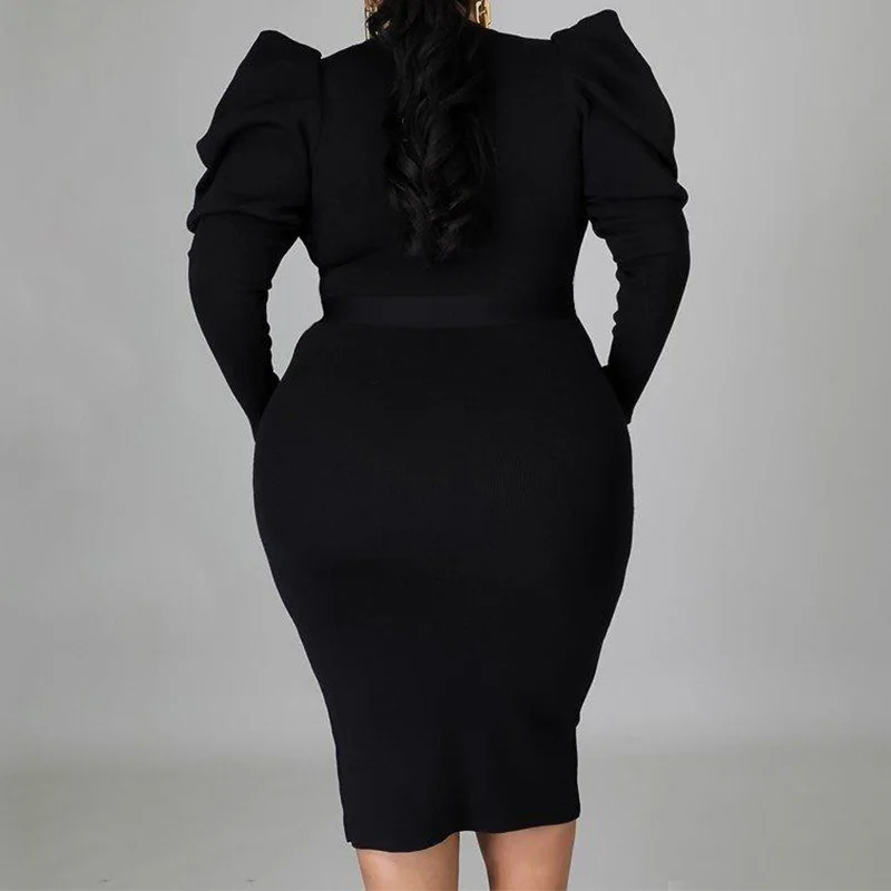 Elegant Plus Size Women's Clothing Round Neck Solid Color Bag Hip Lacing Long Sleeve Autumn Slim High Waist Midi Evening Dress