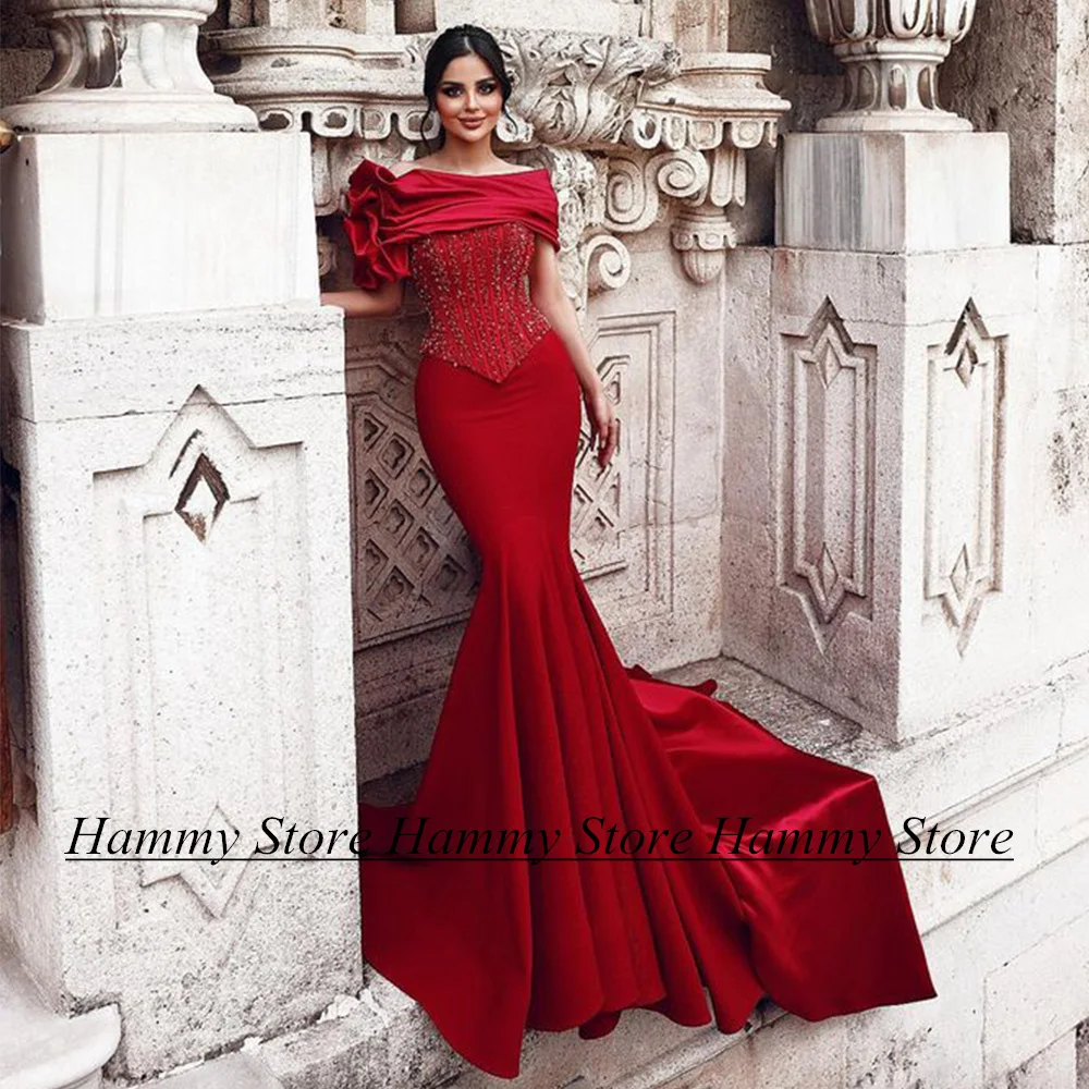 Hot Red Mermaid Evening Dress Sexy Boat Neck Beading Sequined Sweep Train Vestido De Festa Longo Arabic Prom Party Gown