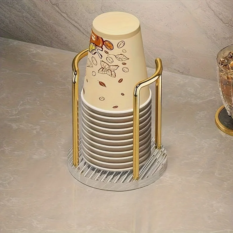 Elegant Acrylic Disposable Cup Holder with Golden-Tone Accents-Ideal for Home, Caf&eacute;, Office, and Hotel Use