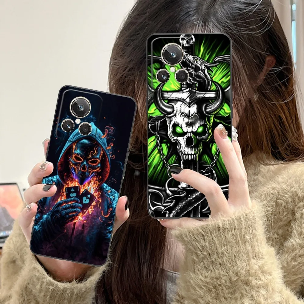 Fire Skull Head Mobile Cell Phone Case For Realme Gt 2 9I 8I 7I Pro X50 X2 C35 C21 C20 C11 C3 Black Soft Phone Cover Funda