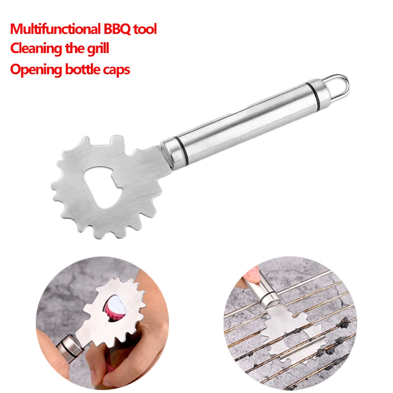 Stainless Steel Bbq Grill Scraper Grate Gadget Cleaner Bottle opener Cleaning Camping Tool Portable Metal kitchen Accessories