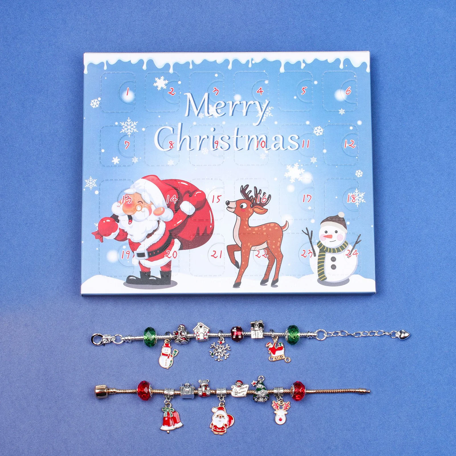 Christmas Countdown Advent Calendars Box Jewelry Advent Calendar With 2 Adjustable Bracelets 2 Necklaces, 22 Charm Beads