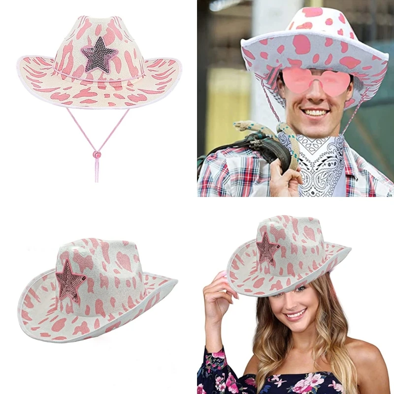 

Cow Pattern Print Cowboy Hat for Women Wide Brim Role Play Cowgirl Hat Wedding Party Props Bachelorette Party Female Hat