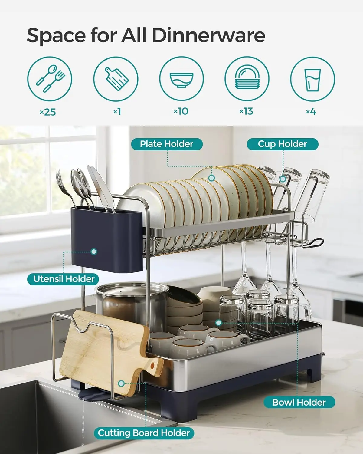 Dish Drying Rack - 2 Tier Dish Rack for Kitchen Counter with Rotatable and Extendable Drain Spout, Dish Drainer with Utensil,Cup